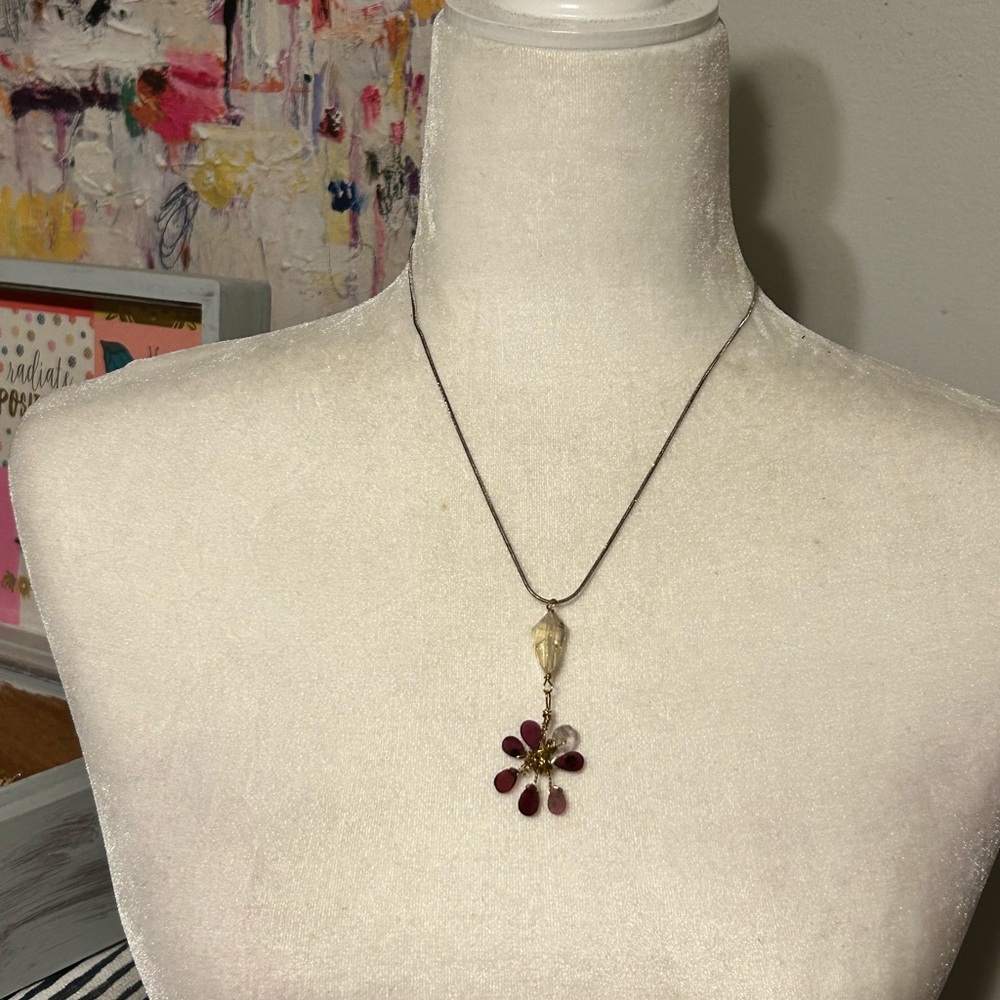 Oxidized Sterling silver hand wrapped briolette garnet stone pendant necklace.